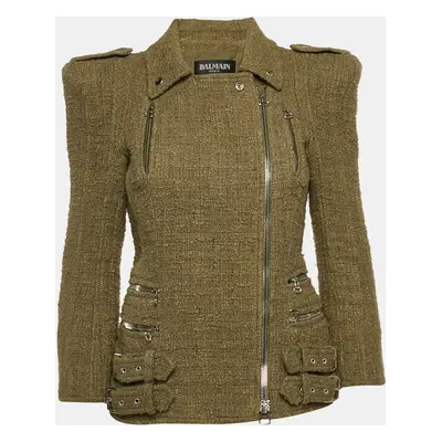 Balmain Olive Green Tweed Zipper Detail Jacket