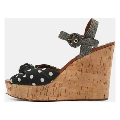 Dolce & Gabbana Black/Grey Knotted Polka Dot Fabric and Raffia Cork Wedge Ankle Strap Sandals Si