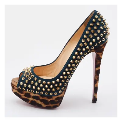 Christian Louboutin Multicolor Suede and Calfhair Lady Peep-Toe Spikes Platform Pumps Size