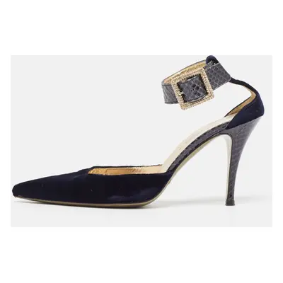 Dolce & Gabbana Navy Blue Velvet And Python Ankle Strap Sandals Size