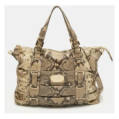 Michael Kors Black/Cream Python Embossed Leather Large Rouched Gansevoort Tote