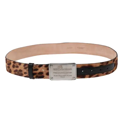 Dolce & Gabbana Brown Leopard Print Calf Hair Logo Plaque Belt 95CM