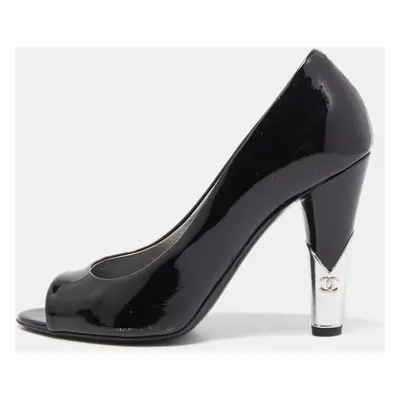 Chanel Black Patent Leather CC Peep Toe Pumps Size 36.5