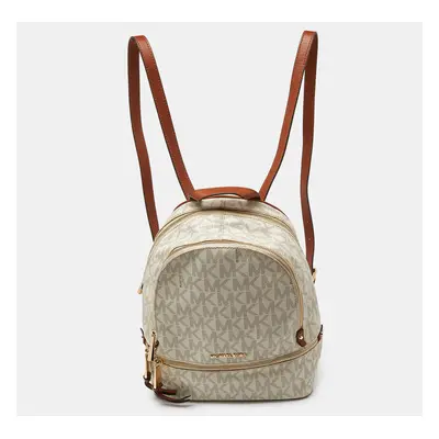 Michael Kors White/Tan Signature Coated Canvas and Leather Medium Rhea Backpack