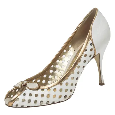 Dolce & Gabbana White/Gold Perforated Leather Bow Detail Peep Toe Pumps Size