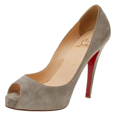 Christian Louboutin Grey Suede Prive Peep Toe Platform Pumps Size 38.5