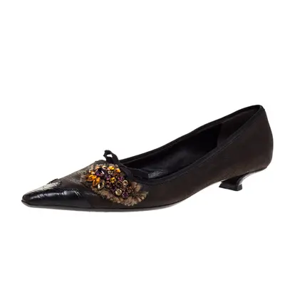 Prada Dark Brown Leather Crystal Embellished Vintage Pointed Pumps Size 36.5