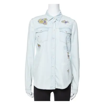 Roberto Cavalli Light Blue Distressed Denim Patch Detail Shirt