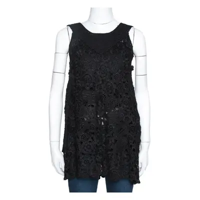 Oscar de la Renta Black Silk Crochet Knit Sleeveless Top