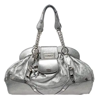 Versace Metallic Silver Leather Chain Link Satchel