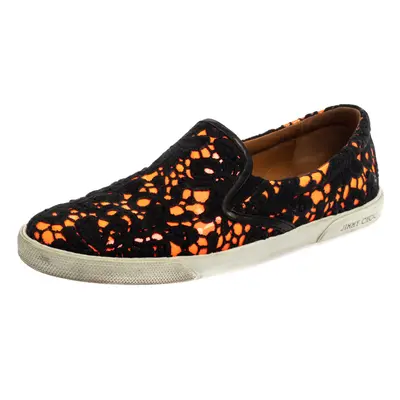 Jimmy Choo Black/Neon Orange Lace and Patent Leather Demi Slip-On Sneakers Size 39.5