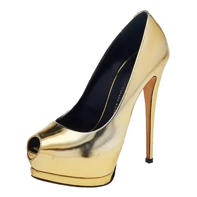 Giuseppe Zanotti Metallic Gold Mirror Leather Peep Toe Platform Pumps Size 37.5