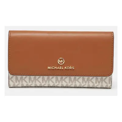 Michael Kors White/Tan Coated Canvas and Leather Fulton Continental Wallet