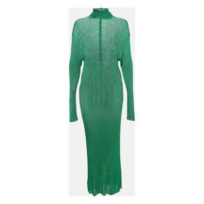 Balenciaga Green Metallic Rib Knit Turtle Neck Maxi Dress