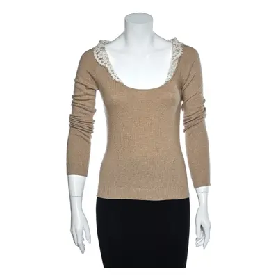 Valentino Vintage Beige Wool & Cashmere Lace Trim Detail Top