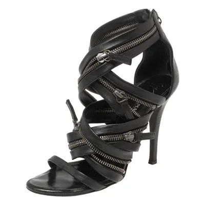 Giuseppe Zanotti For Pierre Balmain Black Leather Zip-Embellished Sandals Size 36.5