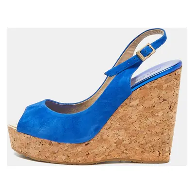 Jimmy Choo Blue Suede Cork Wedge Ankle Strap Sandals Size