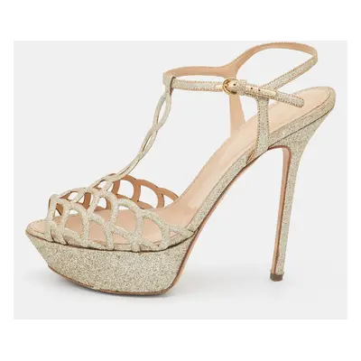 Sergio Rossi Gold Glitter Leather Laser Cut Out Platform Sandals Size