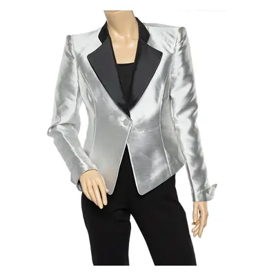 Emporio Armani Metallic Silver Synthetic Contrast Detail Cropped Blazer