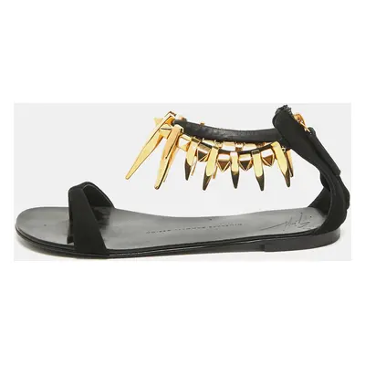 Giuseppe Zanotti Black Suede Zak Spike Ankle Strap Flat Sandals Size 37.5