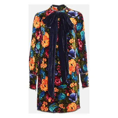 Gucci Multicolor Floral Print Studded Velvet Bow Detail Mini Dress