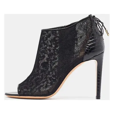 Salvatore Ferragamo Black Python Leather and Lace Nufus Open Toe Ankle Booties Size 36.5