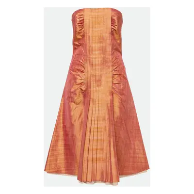 Sportmax Pink Check Taffeta Silk Pleated Strapless Mini Dress