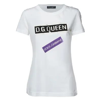 Dolce & Gabbana White Logo Print Cotton Patchwork Detail T-Shirt