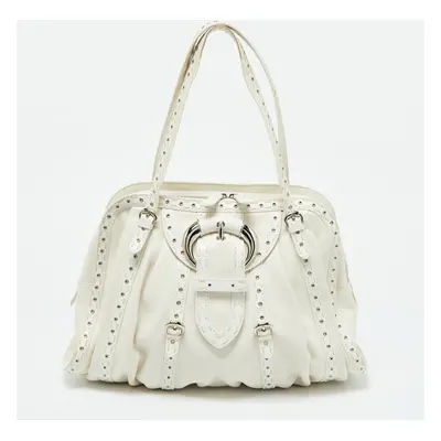 Dior White Lizard and Leather Buckle Detail Zip Satchel