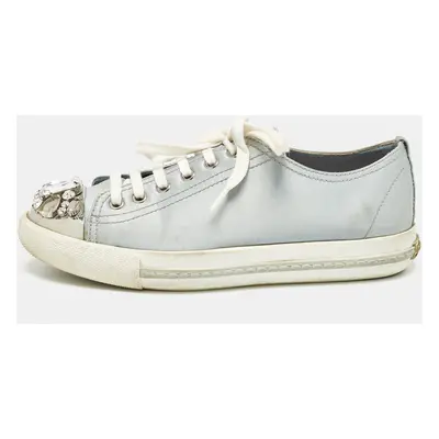 Miu Miu Grey Satin Crystal Embellished Cap Toe Lace Up Sneaker Size