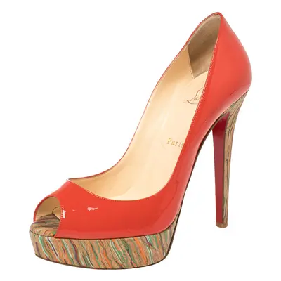 Christian Louboutin Red Patent Leather And Cork Lady Peep Toe Platform Pumps Size 38.5