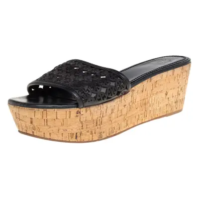 Tory Burch Black Laser Cut Leather Slide Wedge Sandals Size 40.5