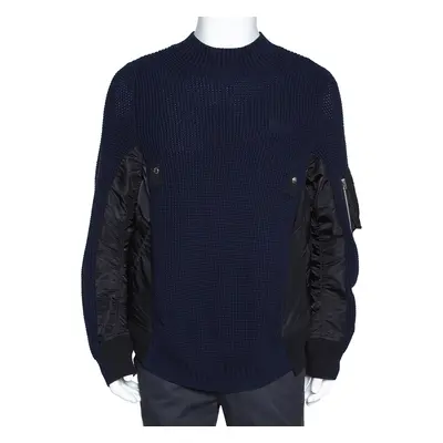 Sacai Navy Blue Rib Knit Wool Paneled Pullover