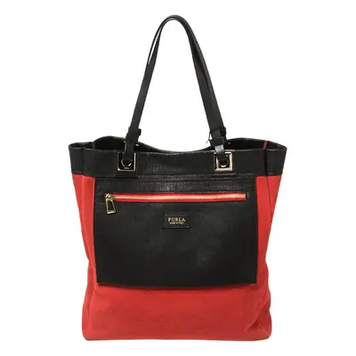 Furla Red/Black Textured Leather and Suede Tote