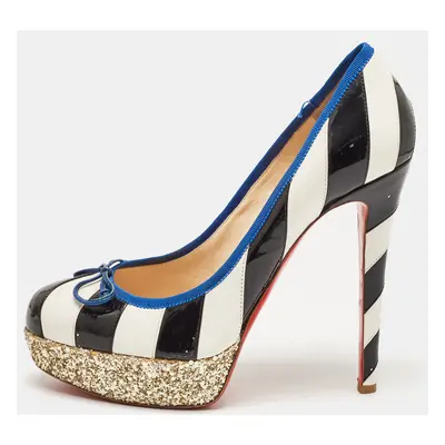 Christian Louboutin White/Black Striped Leather and Patent Foraine Pumps Size