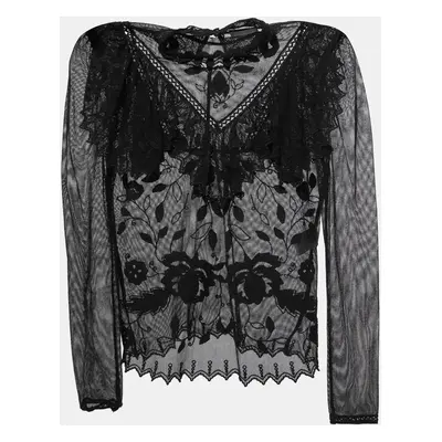 See by Chloe Black Embroidered Cotton Blend Ruffled Mesh Top