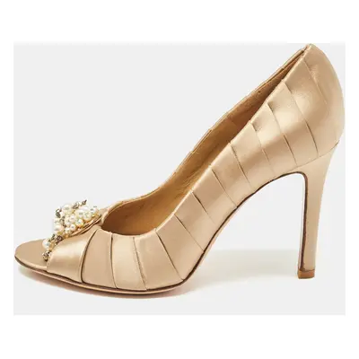 Valentino Beige Satin Crystal Embellished Open Toe Pumps Size