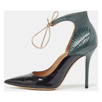 Salvatore Ferragamo Black/Green Patent Leather and Snakeskin Lace Up Pumps Size