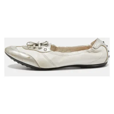 Tod's White/Silver Leather Gomma Lace Up Ballet Flats Size 40.5