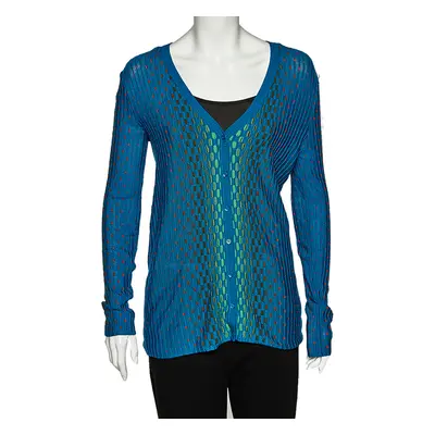 M Missoni Blue Patterned Dobby Knit Button Front Cardigan