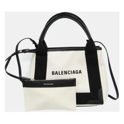 Balenciaga Black/Off-white Canvas and Leather Navy Cabas Tote Bag