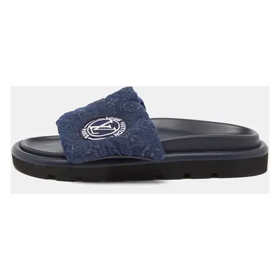 Louis Vuitton Navy Blue Monogram Denim Pool Pillow Velcro Flat Slides Size