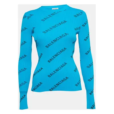 Balenciaga Blue Logo Print Rib Knit Full Sleeve Top