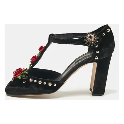 Dolce & Gabbana Black Velvet Studded and Rose Embellished Ankle-Strap Pumps Size