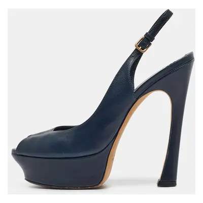 Yves Saint Laurent Navy Blue Leather Peep Toe Platform Slingback Pumps Size