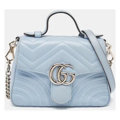 Gucci Blue Matelassé Leather Mini GG Marmont Top Handle Bag