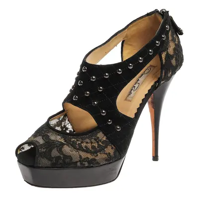 Oscar de la Renta Black Lace And Suede Platform Studded Peep Toe Zipper Sandals Size