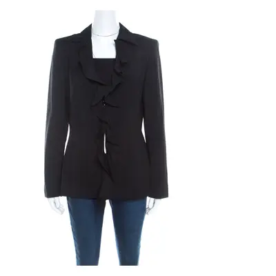 Escada Black Wool Crepe Ruffled Front Buttoned Jacket