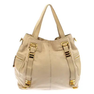 Michael Kors Cream Leather Buckle Side Pocket Shoulder Bag