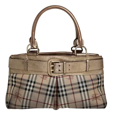 Burberry Beige/Gold Haymarket Check Coated Canvas and Leather Bridle Tote